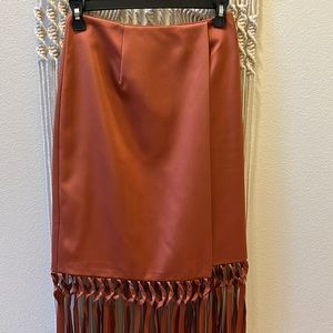 KEEPSAKE the Label Braided Long Fringe Satin Skirt in Pretty Copper